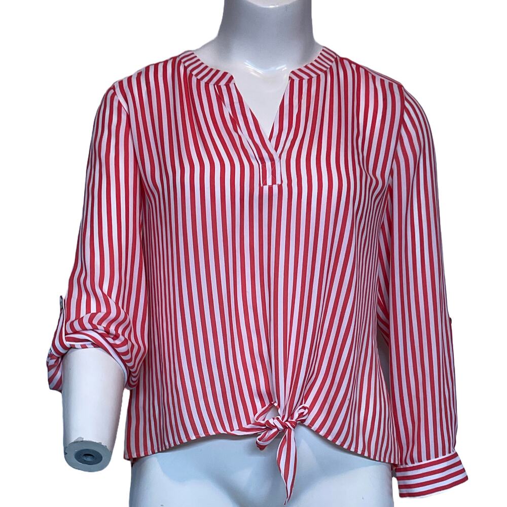 Chicos Blouse Womens Size 2 Large Tie Front Roll Tab Vee Neck Coral White Stripe